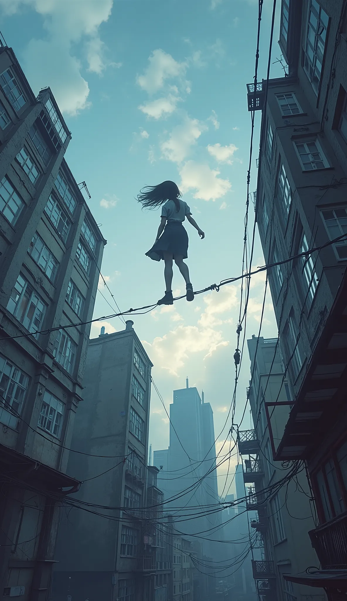  taken from below、 Fisheye 、Woman walking on electric wires over the city with the sky in the background, Walking on a small town, inspired Liam Wong, Makoto ,  Sergei Kolesoff ,  Stunning Wallpaper , Liam Wong, City Concept Art,  standing on the roof of a...