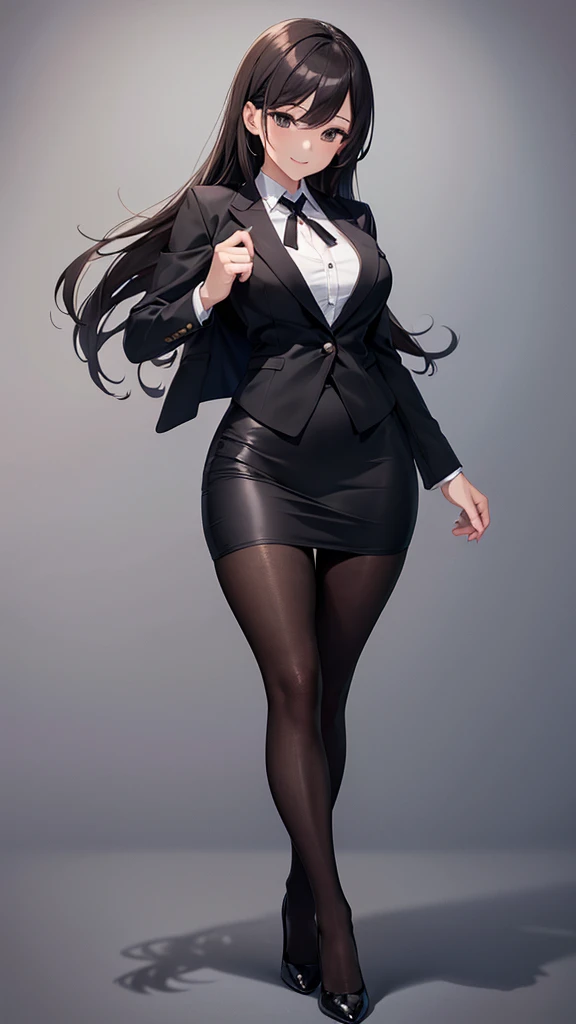 sexy older sister in a black business suit　　 　　The black tie is tight　 black pencil skirt 　Brown tights　A radiant smile　  high res　  high res　 with open legs　 opening the jacket buttons