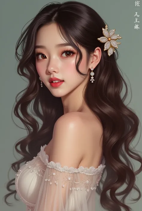  High Resolution,  HD model,  High detail, Korean Air Feeling Lazy Long Curls,One side hair plug behind the ear,  Big breasts, crystal earrings, Smile, Amber Eyes ,  Exquisite Nose , Character map,  vertical painting style ,  Character Design, portrait pho...