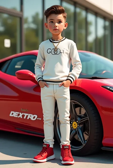 A boy with stylish brown hair and with white Gucci top
and white Gucci jean with red jordans
and the name"DEXTRO"on a Ferrari beside the boy