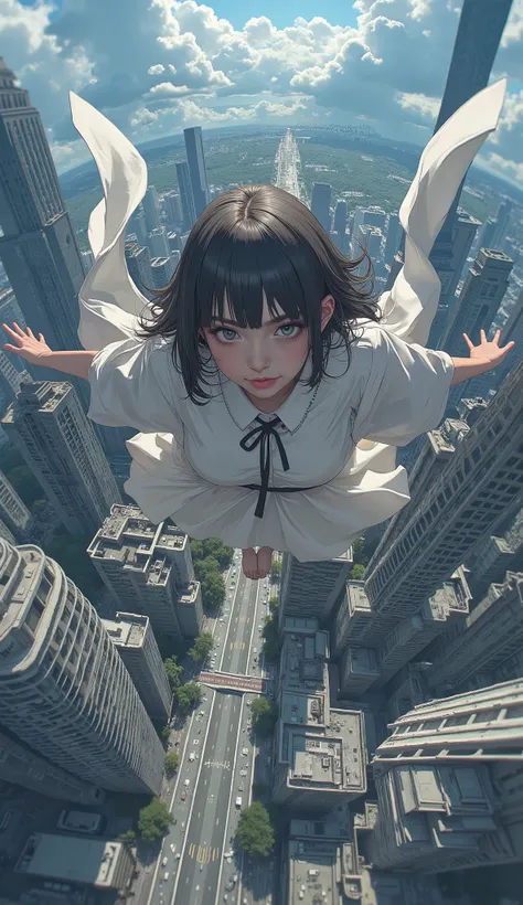  from above 、 Fisheye 、Image of a woman falling over a city ,  concept art inspired by Krenz Cushart,  trending on pixiv, conceptual art , Glo-anime  ,  screenshot of the anime movie ,  animated film still ,  animated movie screenshot , Flying anime esper,...