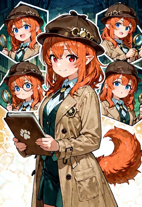 Create a detailed fantastical illustration of an anthropomorphic female dog detective in an anime-inspired style, She should have pointed ears a fluffy tail and a snout with a human-like body, Her fur should be sleek and well-groomed, She should wear a sty...