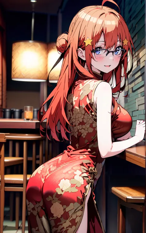 Nakano Mizuki ,  long hair,  blue eyes,  hair ornament,  red hair,  hair bun , star (  symbol ), Lick the boy's penis with half-framed glasses ,  glasses under the rim, star  hair ornament, smile,blush, open the mouth,sleeveless red china clothes,Big Breas...