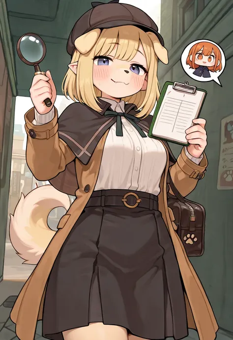 Create a detailed fantastical illustration of an anthropomorphic female dog detective in an anime-inspired style, She should have pointed ears a fluffy tail and a snout with a human-like body, Her fur should be sleek and well-groomed, She should wear a sty...