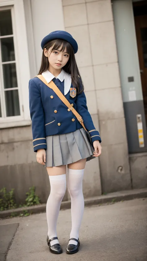  facing the front、( masterpiece,  top quality),  1 girl, hakase,  school hat, Kindergarten uniform ,  jacket,  pleated skirt , knee highs,  white legwear,  Mary Jane 、 panties、underwear、 standing