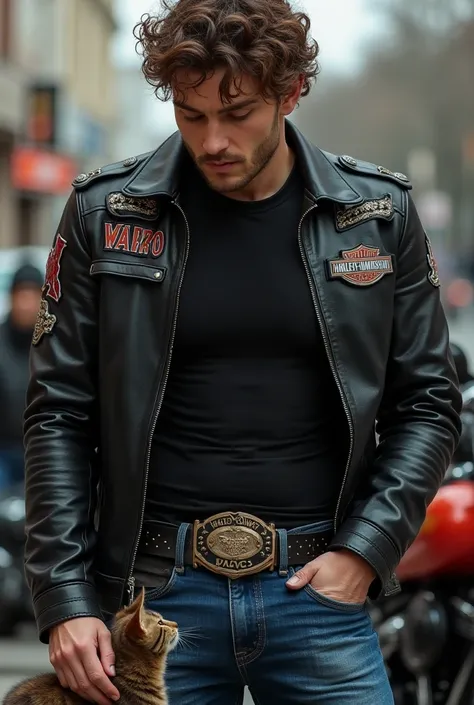 realistic photo of a handsome man age 36 .brown curly hair . he is wear black shirt and cover black MANPOWER jackets with the bull logo,tight blue jeans, and bull shape belts with full rivets .standing in front of harley davidson .a cat is Biting his crotc...