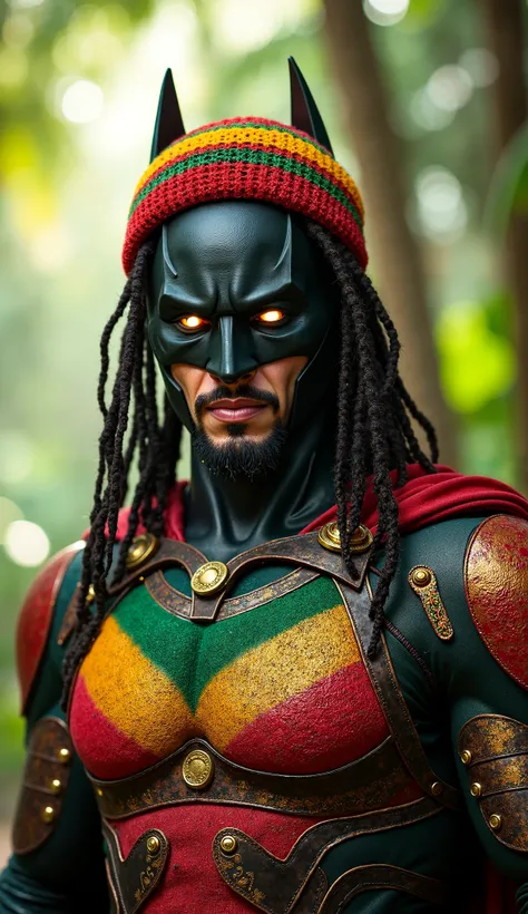 "A hyper-realistic Batman reimagined with Rastafari symbolism and ancient warrior influence. His suit is a vibrant combination of red, green, and gold, reflecting the Pan-African flag, but with an ancient, textured look as if it’s woven from centuries-old ...