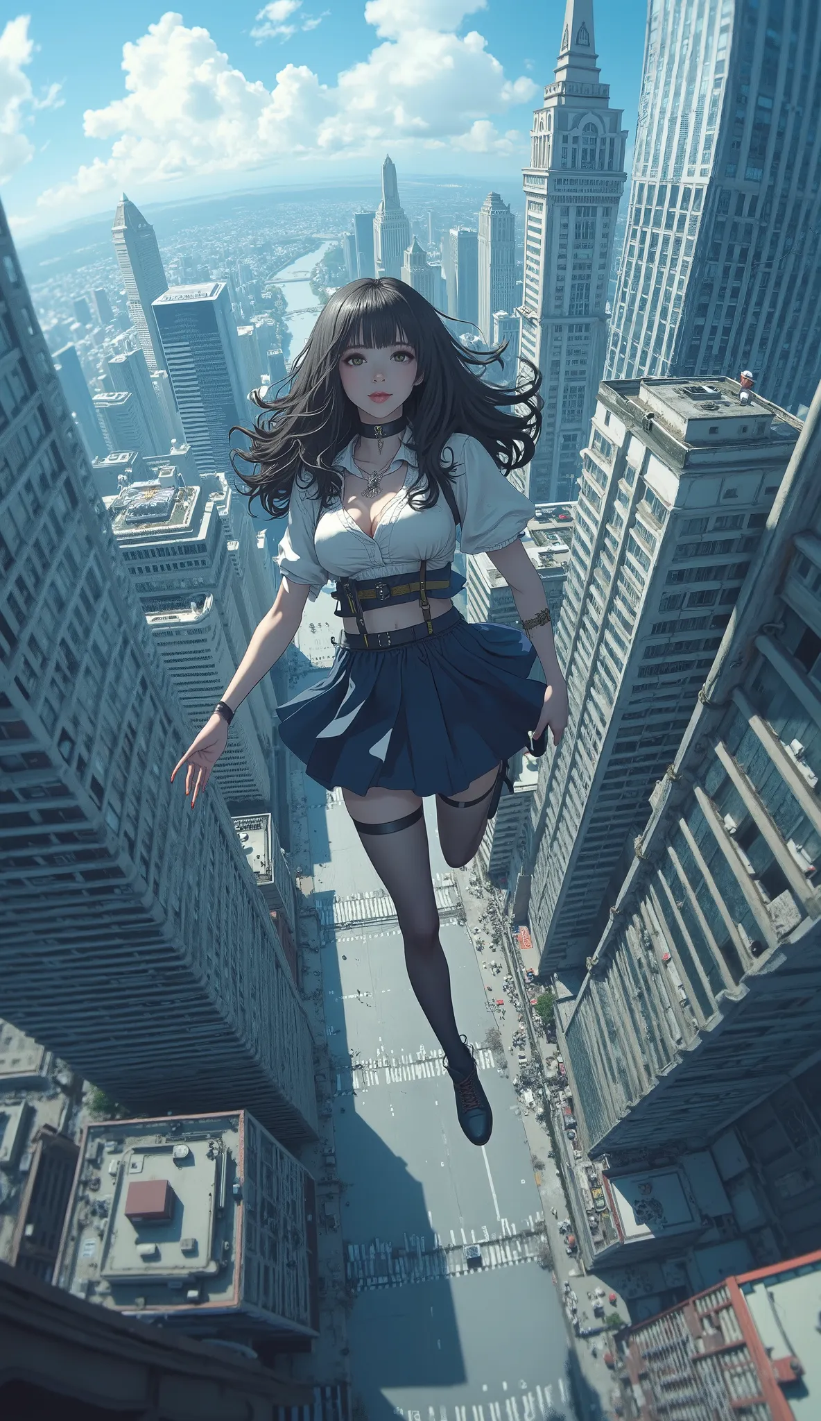  from above 、 Fisheye 、An image of a woman freefalling over a city, Weakness、Relaxation、 concept art inspired by Krenz Cushart,  trending on pixiv, conceptual art , Glo-anime  ,  screenshot of the anime movie ,  animated film still ,  animated movie screen...