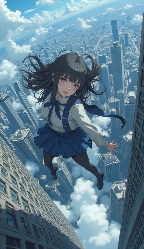  from above 、 Fisheye 、An image of a woman freefalling over a city, Weakness、Relaxation、 concept art inspired by Krenz Cushart,  trending on pixiv, conceptual art , Glo-anime  ,  screenshot of the anime movie ,  animated film still ,  animated movie screen...