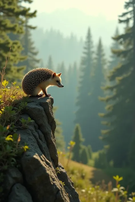 The hedgehog reaches the edge of a steep hill. He looks down at the rocky slope, knowing he has no other option. The fox is close behind, grinning confidently. The forest in the background stretches out, and a strong breeze shakes the leaves. The tension i...