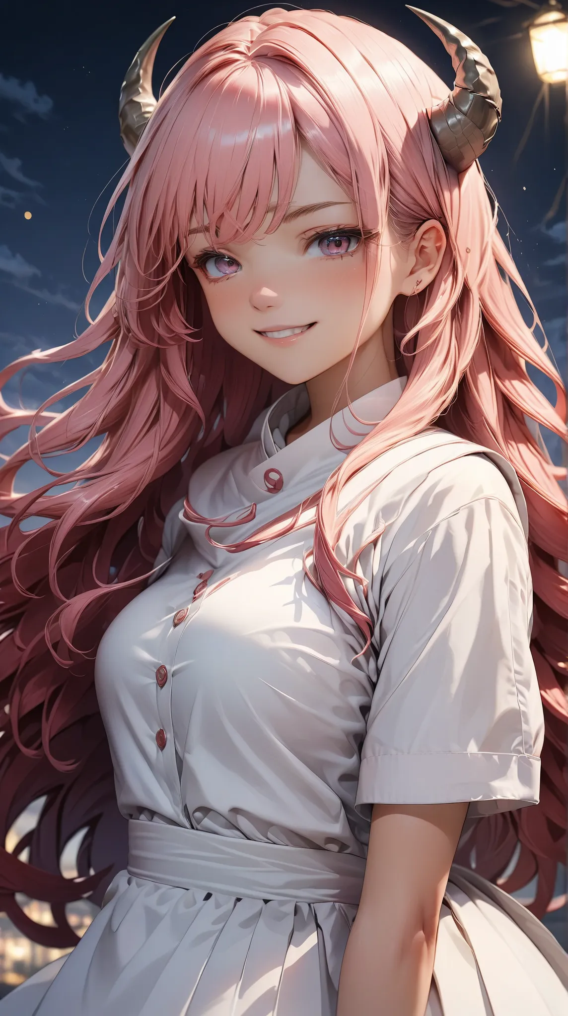 masterpiece,   rolled up ,  high resolution, first-class,  in anime style,  the best lighting ,   nice face, Tensur, shuna,  2 white horns  ,  carpenter's maids' clothing ,  A pink-haired , Hair length, outstanding smile ,  Look at your audience