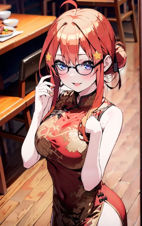 Nakano Mizuki ,  long hair,  blue eyes,  hair ornament,  red hair,  hair bun , star (  symbol ), Lick the boy's penis with half-framed glasses ,  glasses under the rim, star  hair ornament, smile,blush, open the mouth,sleeveless red china clothes,Big Breas...