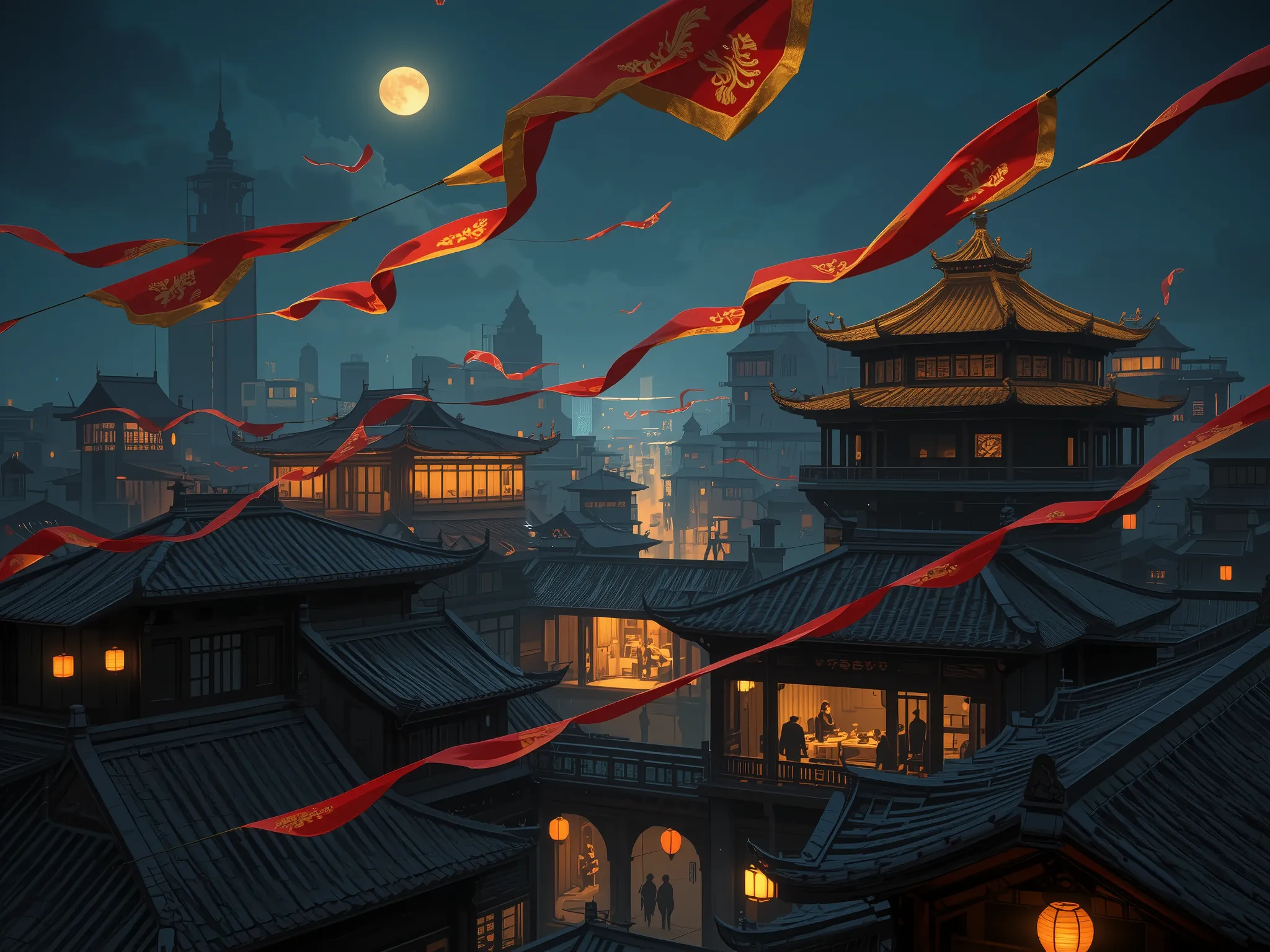 High above the bustling streets of Chang’an, the rooftops form a hidden network of pathways for those who move unseen. The curved eaves of ancient wooden houses cast deep shadows under the lantern-lit sky, while the golden rooftops of noble estates glimmer...