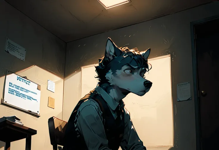 The Husky detective sits in a dim interrogation room，An empty chair opposite，Symbolizes that the suspect has escaped。Behind the detective，It is a whiteboard full of wrong reasonings，It is full of wrong lines and marks。The Husky detective lowers his head in...