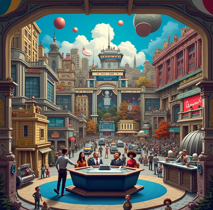 An animated talk show studio set built and inspired by the aesthetics of where's waldo style , blending in elements from the American Era complete with political caricatures. 