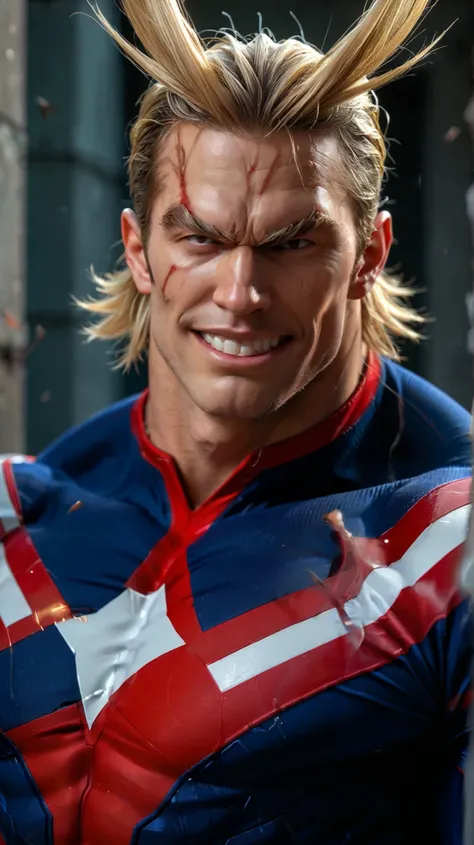 score_9, score_8_up, score_7_up, source_anime, source_explicit
all-might, blonde hair, grin, antenna hair, superhero, muscular, body suit, male focus, solo, close up, dark eyes, rough shadows
