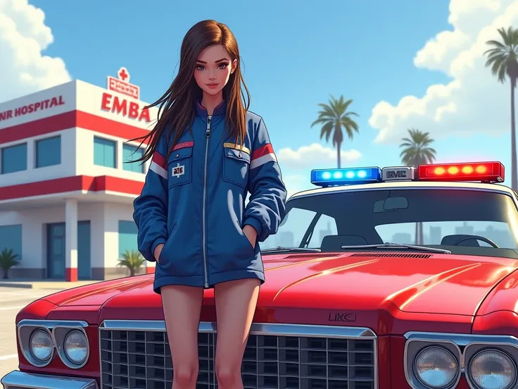  Create an image, where a girl with long brown hair and a blue paramedic uniform stands at the hood of a red car with flashing lights. With EMS hospital and sky in the background.  in the style of GTA 5 , hand-drawn image 