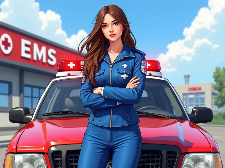  Create an image, where a girl with long brown hair and a blue paramedic uniform stands at the hood of a red car with flashing lights. With EMS hospital and sky in the background.  in the style of GTA 5 , hand-drawn image 