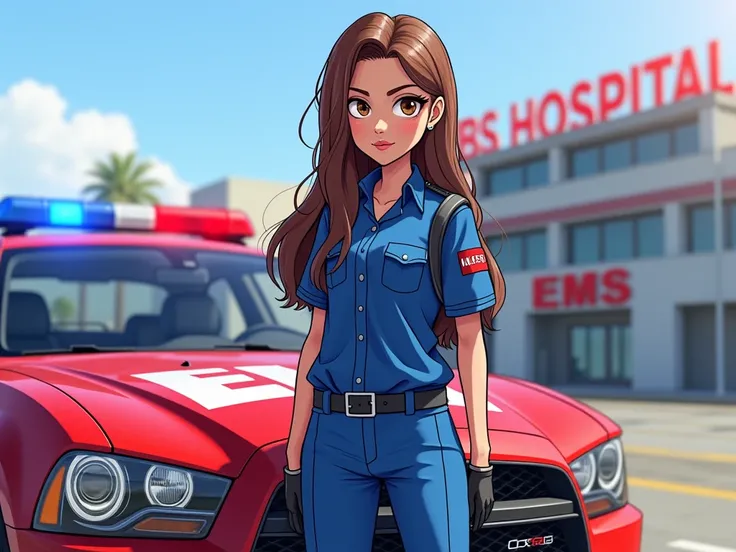  Create an image, where a girl with long brown hair and a blue paramedic uniform stands at the hood of a red car with flashing lights. With EMS hospital and sky in the background.  in the style of GTA 5 , hand-drawn image 