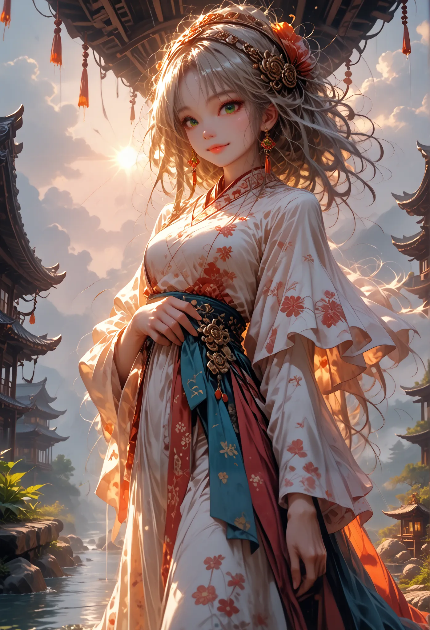  score_9,  score_8_up, score_7_up,  masterpiece,  top quality,  perfect anatomy,  so beautiful,  Official Art, 8k,  software,  girl, little smile ,  sexy,  Just Contate  , throw, EXTRA WIDE ANGLE , landscape,  East Asian Architecture,  sun rays , Sunrise, ...