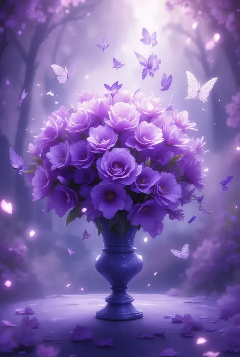  A beautiful bouquet of flowers with soft shades of purple, very pretty with butterflies and hearts on the background ,  Masterpiece , 8 k,  best quality,  complicated details,  maximum number of details ,  ultra quality, 