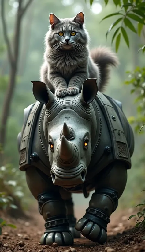 A plump silver-gray Maine Coon sat majestically atop a tall robotic rhinoceros inside a makeshift workshop in the jungle, its fluffy tail swaying confidently.

🤖 The metallic beast stomped forward, its crimson eyes piercing the misty forest. Each step shoo...