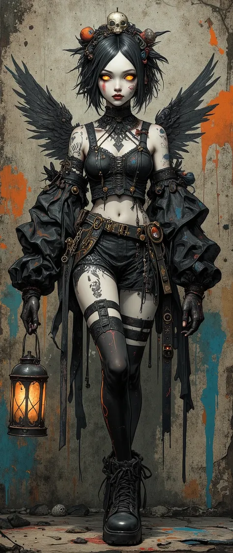 A young asthenic girl in a Gothic-style costume. Full-length image. Short, voluminous black hair, cut exactly at chin level. Straight bangs. On top of the head is a small accessory in the form of a skull, decorated with dark ribbons and feathers. The thin ...