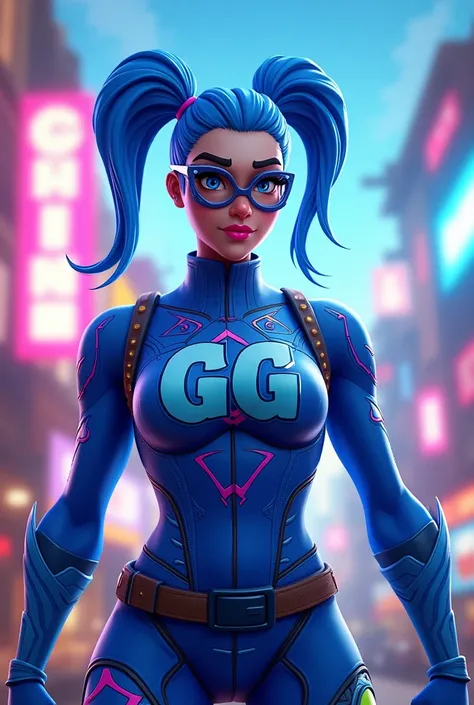 Show me a photo of a blue superhero skin that says GG is on it from Fortnite with a ponytail with blue on the end