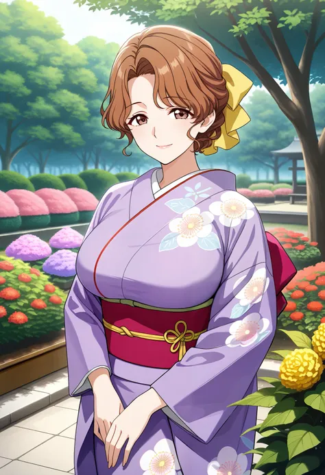 score_9, score_8_up, score_7_up, BREAK reisi,1girl,brown hair,brown eyes,looking at viewer,short hair,wavy hair, yellow hair bow, mature female,large breasts,purple kimono,floral print,obi,outdoors,smiling,garden,trees,