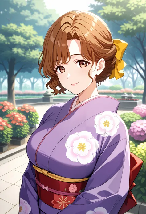 score_9, score_8_up, score_7_up, BREAK reisi,1girl,brown hair,brown eyes,looking at viewer,short hair,wavy hair, yellow hair bow, mature female,large breasts,purple kimono,floral print,obi,outdoors,smiling,garden,trees,