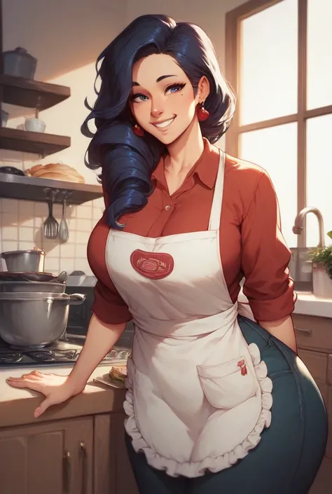  40-year-old Japanese woman . corpulent.  big boobs and huge ass.  Shoulder-length hair. Hair divided in half black.  Smile worried face.   cartoon style . Casual clothes with kitchen apron.