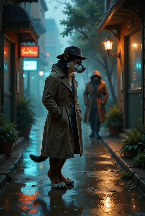 {{A ((gritty and atmospheric)) depiction of {((a sharp-eyed detective dog, dressed in a classic trench coat and fedora, standing in a dimly lit alley, sniffing out clues))}}} with {((fog rolling in, neon lights reflecting off wet pavement, and a mysterious...