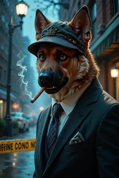 {{A ((dignified and intense)) depiction of {((an anthropomorphic German Shepherd detective, dressed in a custom-tailored suit, gazing intently at a crime scene with a cigarette in his mouth))}}} with {((a swirling mist in the background, crime scene tape, ...