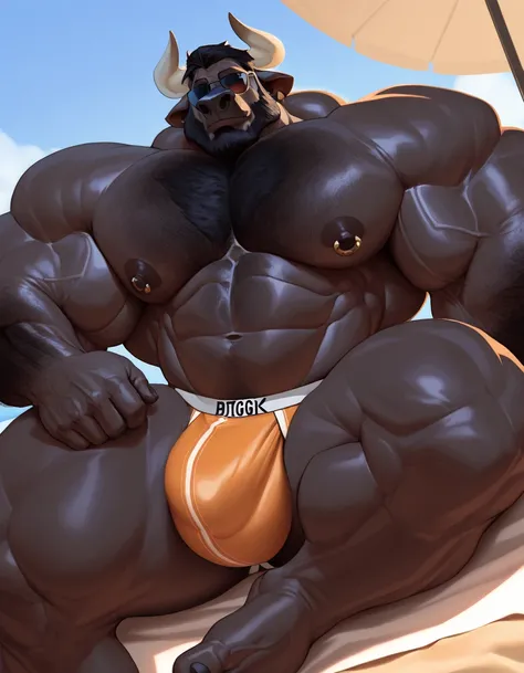 solo, 1boy, Muscular furry bull, Biggyberserker, old, bearded, sunbathing, detailed face, sunglasses, sitting, low view, jockstrap, beach, bulge pectoral, detailed eyes, wide shoulder, thick arms, wide pectoral, massive muscle, short hair:1.2, detailed eye...