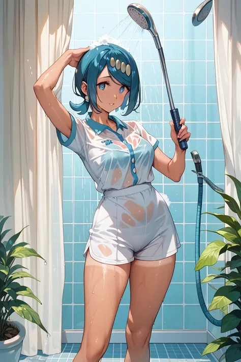 undressed lana's mother (pokemon), tanlines, tennis uniform, clothed bath,showering, shower curtain,  wet