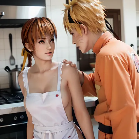 Couple, hetero, duo focus, 1boy, 1girl, BREAK, 1boy, Naruto Uzumaki (NARUTO), BREAK, 1girl, kasumi (DEAD OR ALIVE), naked apron, kissong each other, kitchen, unreal engine 