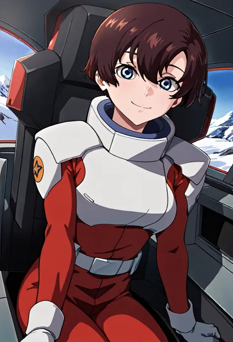  ,masterpiece, best quality, amazing quality, 1 female、 is the cockpit in the background、 sits in the cockpit、 怒り顔、口を開けて叫んでいる、mayuralabbatt, brown hair, blue eyes, pilotsuit, gauntlet,sitting