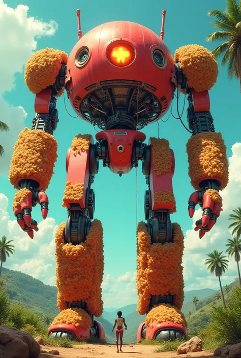 a large robot built of fried chicken, watermelon, and koolaid controlled by a skinny black  in africa 