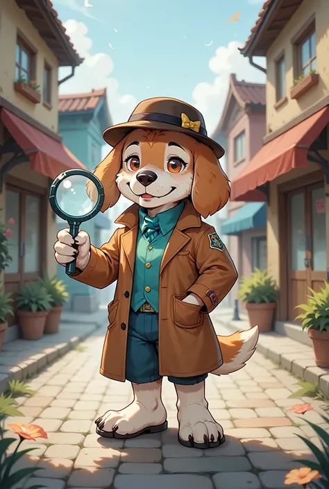 {{A ((charming and playful)) depiction of {((a clever beagle detective, holding a magnifying glass and wearing a deerstalker hat, solving a mystery in a vibrant town))}}} with {((colorful buildings, playful side characters like a sneaky cat burglar, and a ...