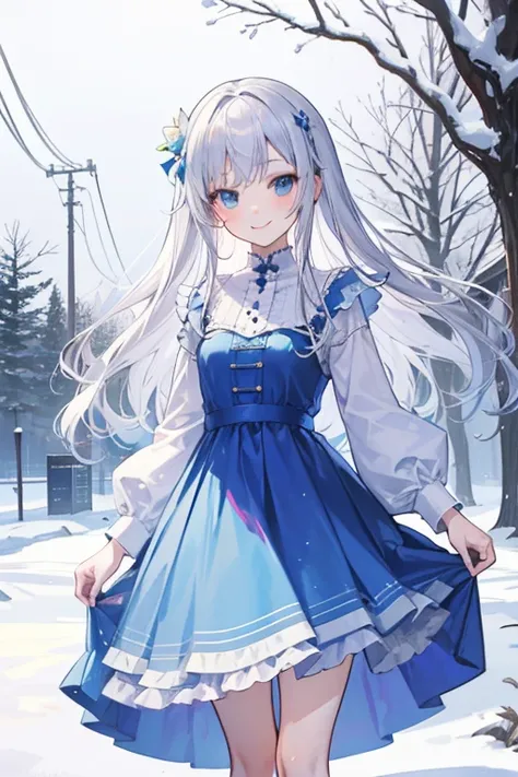 An anime girl with silver hair wearing a sea-colored dress is standing with a smile in a pure white snowy landscape that lasts forever