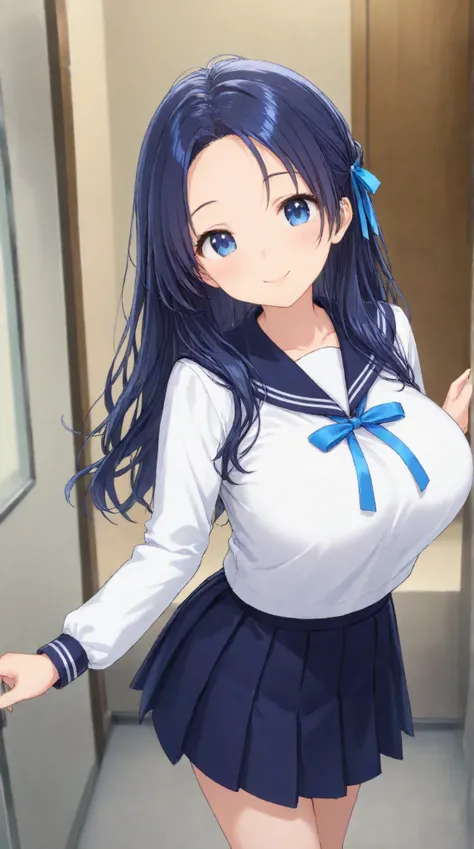 Big Breasts,    、  night、 navy blue sailor suit、 dark blue pleated skirt 、entrance、Meet and greet、long hair,   black hair , bangs,    ,  smile,  ,  smiles,   , （One girl 1.5）, blue chest ribbon、blue hair ribbon、（ 1.5）solo, 