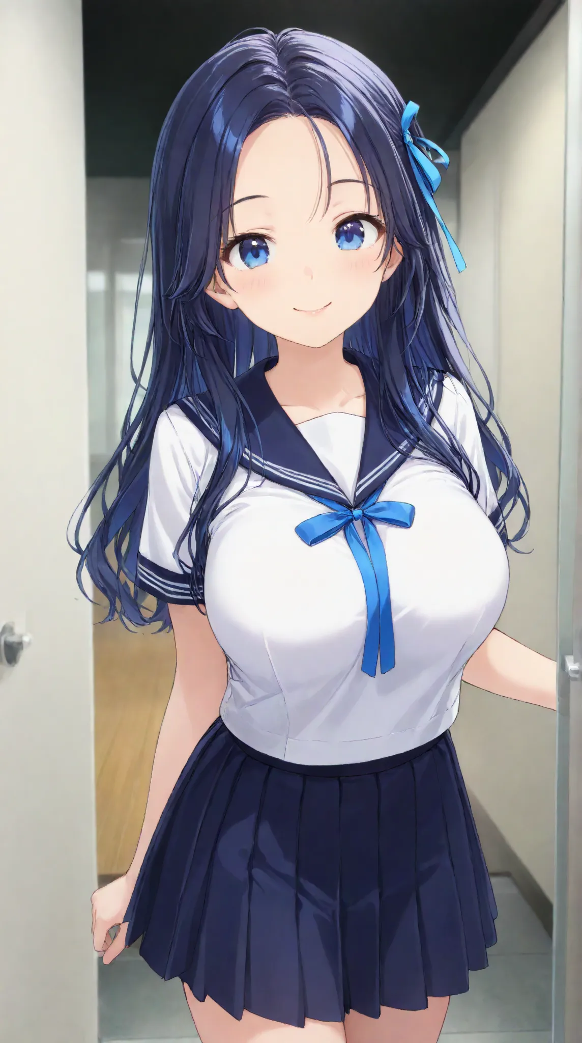 Big Breasts,    、  night、 navy blue sailor suit、 dark blue pleated skirt 、entrance、Meet and greet、long hair,   black hair , bangs,    ,  smile,  ,  smiles,   , （One girl 1.5）, blue chest ribbon、blue hair ribbon、（ 1.5）solo, 