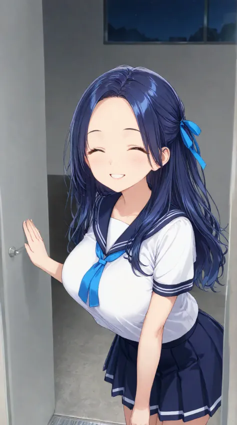 Big Breasts,    、  night、 navy blue sailor suit、 dark blue pleated skirt 、entrance、Meet and greet、long hair,   black hair , bangs,    ,  smile,  ,  smiles,   , （One girl 1.5）, blue chest ribbon、blue hair ribbon、（ 1.5）solo, 