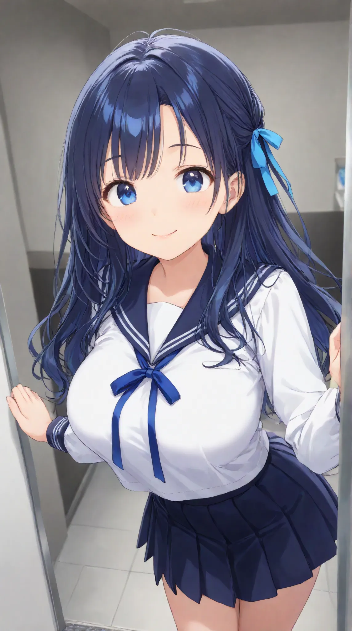 Big Breasts,    、  night、 navy blue sailor suit、 dark blue pleated skirt 、entrance、Meet and greet、long hair,   black hair , bangs,    ,  smile,  ,  smiles,   , （One girl 1.5）, blue chest ribbon、blue hair ribbon、（ 1.5）solo, 