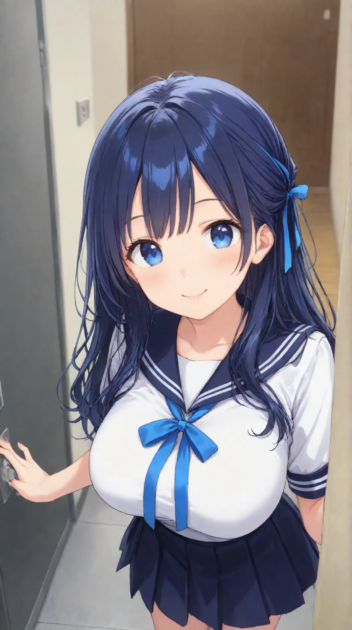 Big Breasts,    、  night、 navy blue sailor suit、 dark blue pleated skirt 、entrance、Meet and greet、long hair,   black hair , bangs,    ,  smile,  ,  smiles,   , （One girl 1.5）, blue chest ribbon、blue hair ribbon、（ 1.5）solo, 