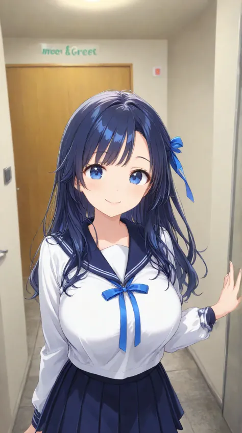 Big Breasts,    、  night、 navy blue sailor suit、 dark blue pleated skirt 、entrance、Meet and greet、long hair,   black hair , bangs,    ,  smile,  ,  smiles,   , （One girl 1.5）, blue chest ribbon、blue hair ribbon、（ 1.5）solo, 