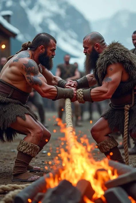  Viking Fire Tug-of-War Two teams of muscular Viking warriors, bearded and battle-scarred, gripping a thick rope made of animal hide. Their feet dig into the ground as they struggle to pull against the opposing team. Below them, a roaring pit of fire sends...