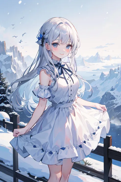 A pure white snowy landscape that continues forever、An anime girl with silver hair wearing a sea-colored dress is standing smiling at the top of a tall mountain where snow falls