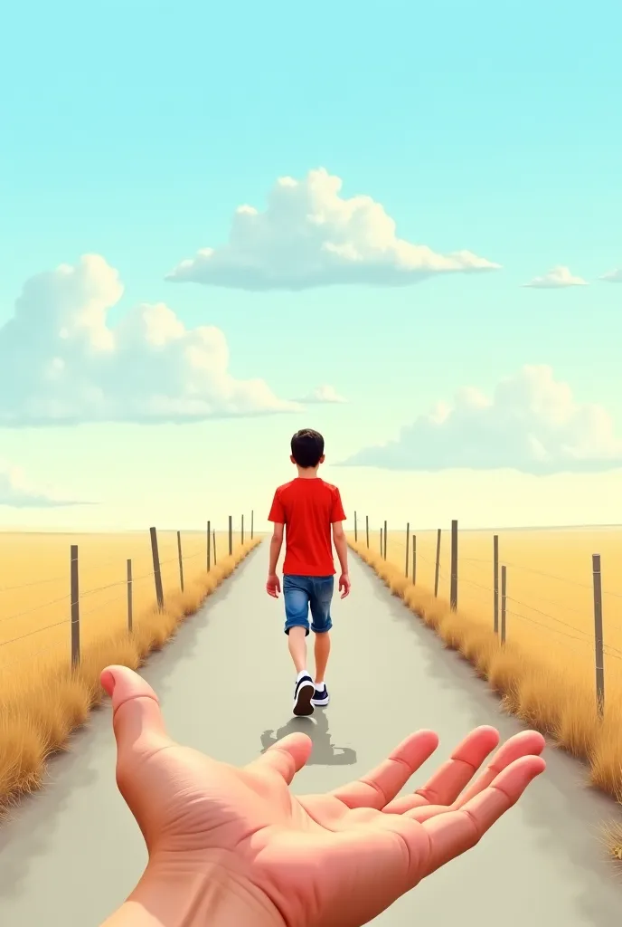 A surreal and fantastic scene where a boy walks along a deserted road,  A very simple and low wooden fence, Typical rural road . The perspective is unique ,  because the boy's path begins in a huge human hand ,  as if he were walking on the palm of a giant...