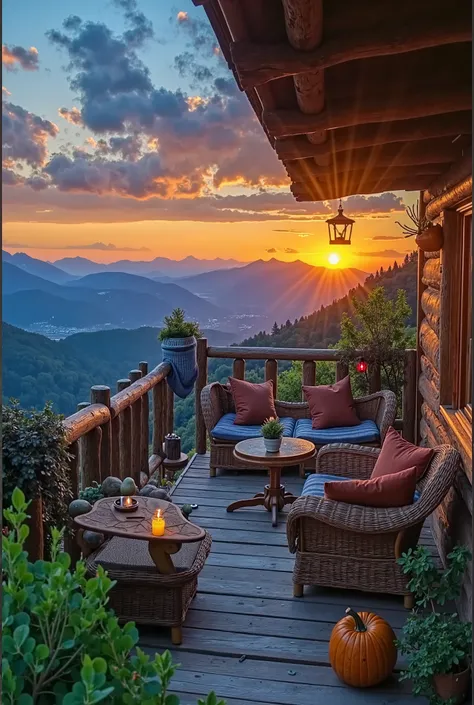 A cozy mountain cabin patio at sunset, featuring wicker furniture with cushions, a small round table, a candle on a wooden side table, and a pumpkin on the deck. The scene overlooks a stunning mountain landscape with a vibrant sunset sky, creating a serene...